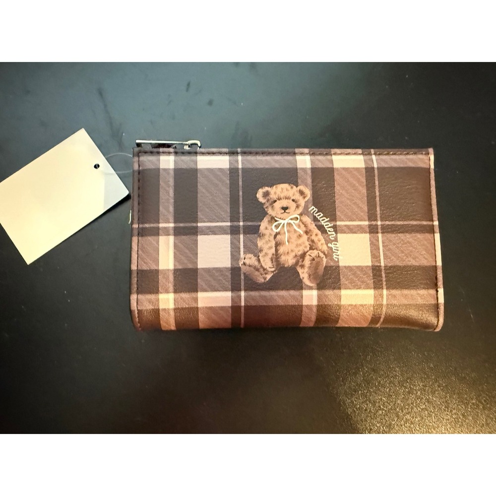 NWT Madden Girl Brown Plaid Teddy Bear Bifold Wallet Zip Coin Pocket NWT
